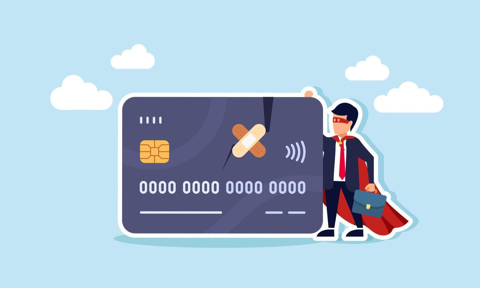 A super businessman stands beside a damaged debit or credit card, illustrating his success in stabilizing the company's finances vector