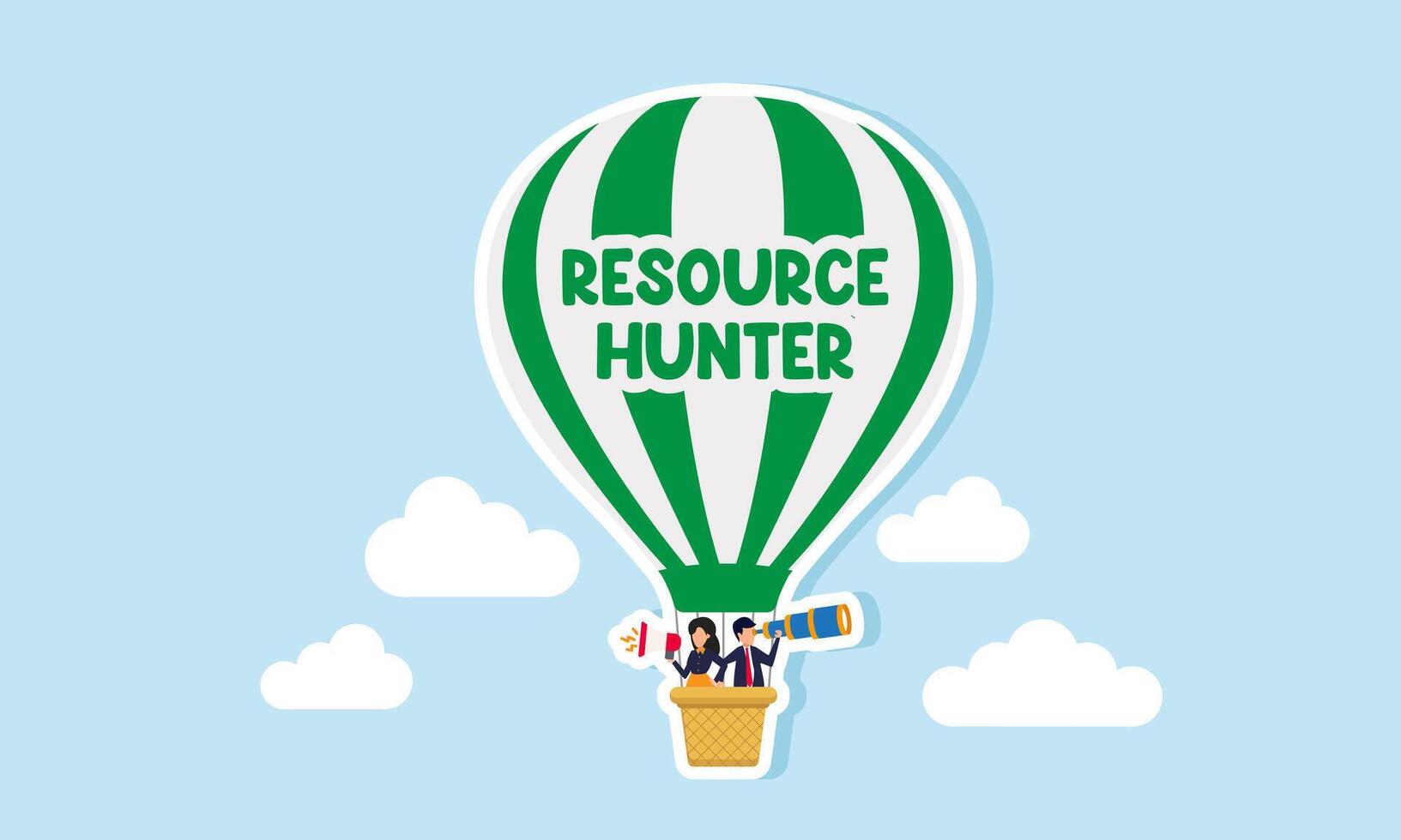 A businessman using binoculars and a businesswoman speak with megaphone are in a hot air balloon labeled Resource Hunter, an illustration of search for potential resources for business. vector