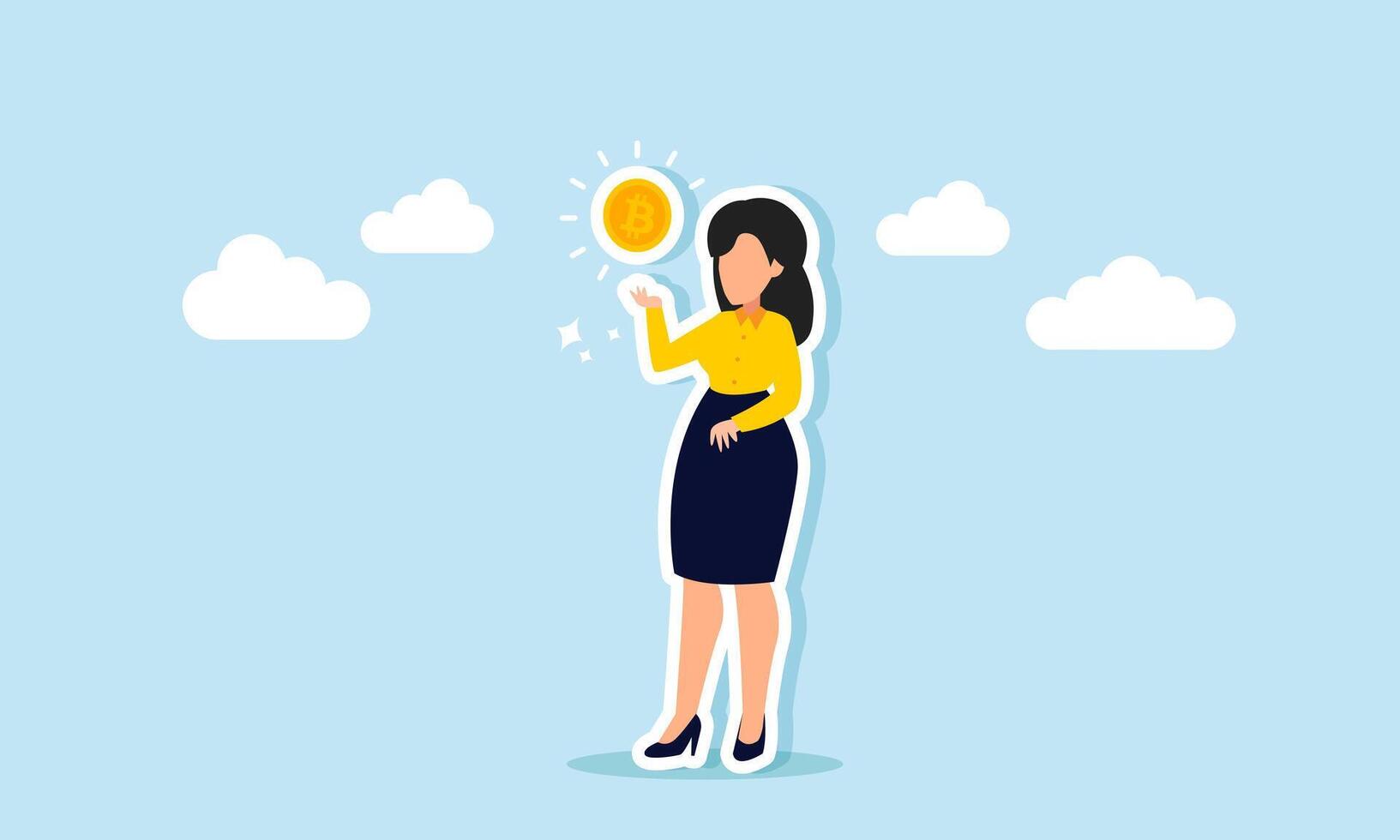 A businesswoman displays a shining Bitcoin, illustration of the appealing valuation of Bitcoin for ownership vector