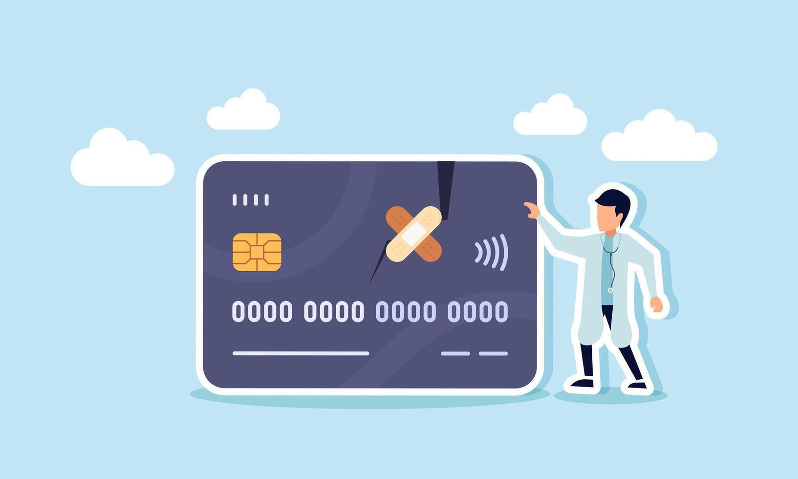 A doctor stands beside a damaged debit or credit card, illustrating the need for collaboration with third parties to solve the company's financial issues vector