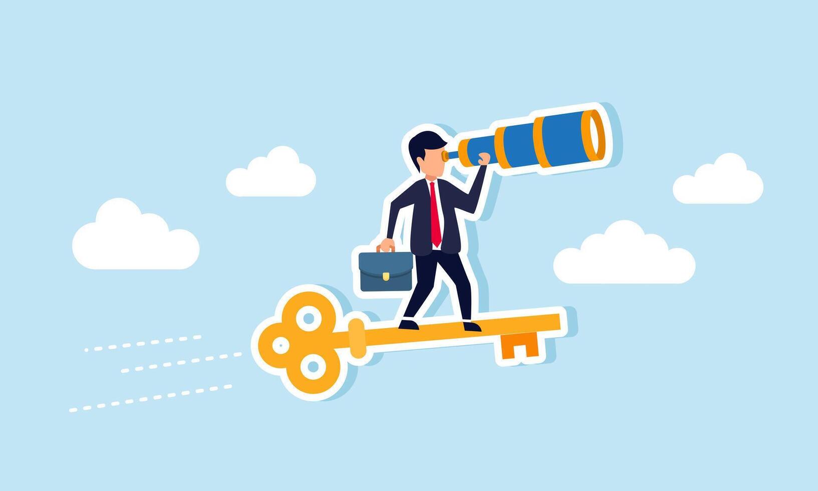 A businessman looking through a telescope while riding a golden key flying swiftly in the sky, an illustration of vision in identifying key success factors in business vector