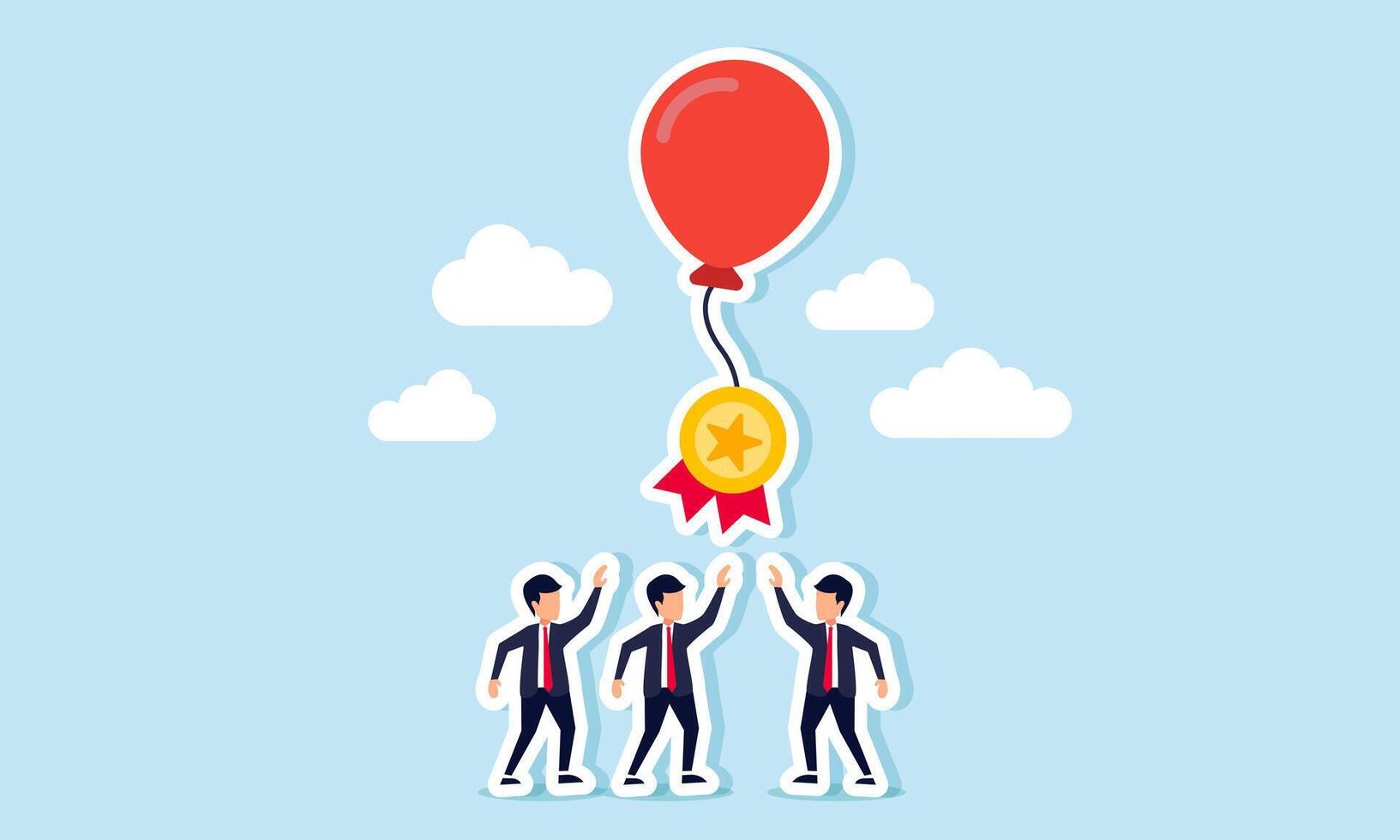A group of businessmen competing for an award medal attached to a floating balloon string, an illustration of business competition to become a leading player in their field vector