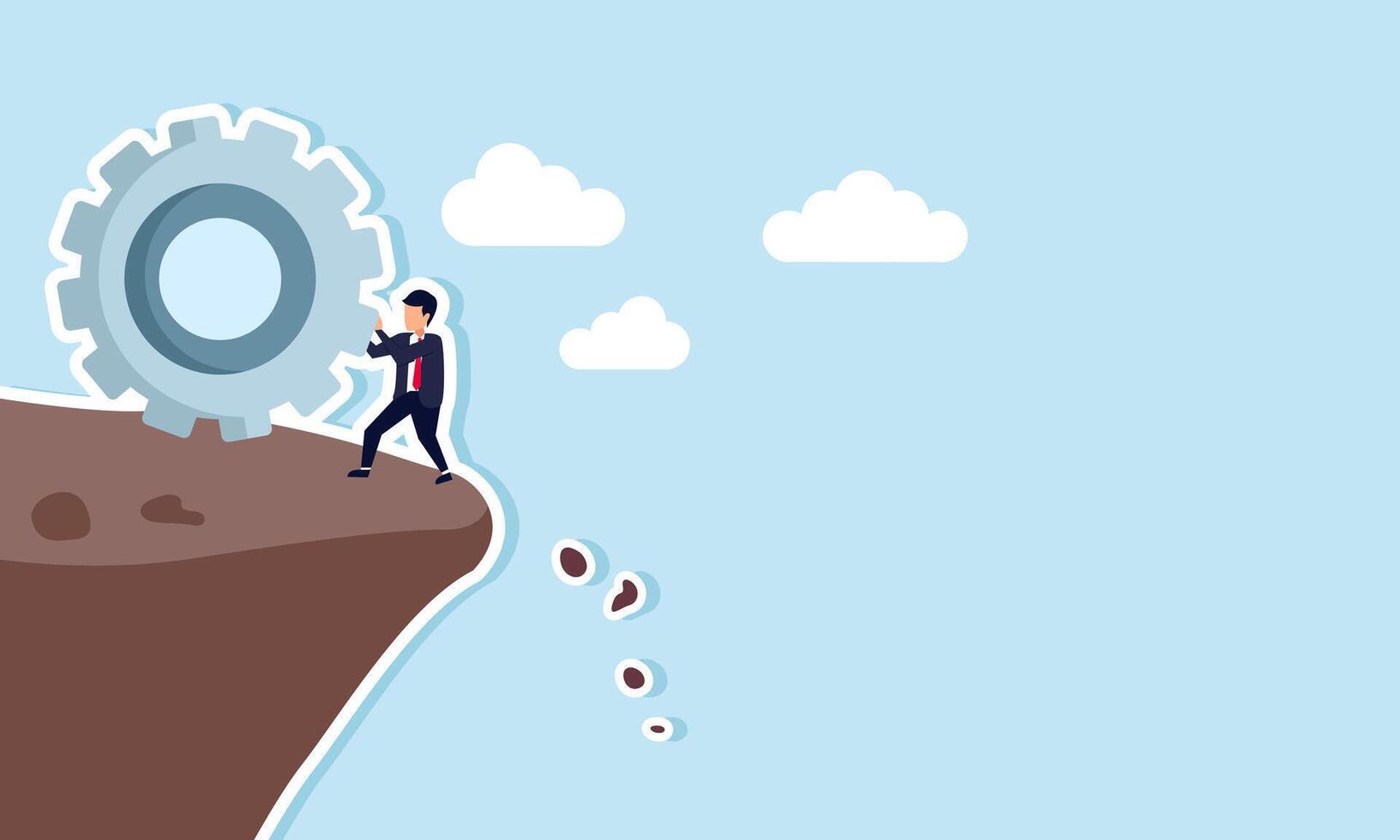 A businessman holds back a large gear rolling down a cliff, illustrating efforts to maintain an effective and efficient company system vector