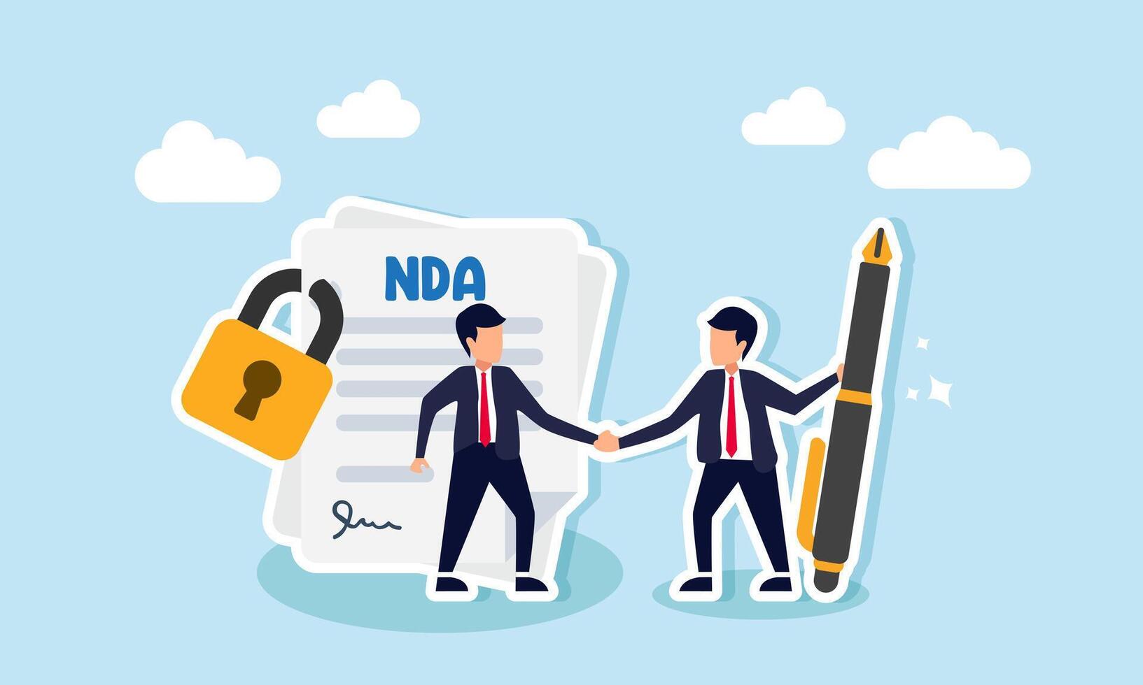 A businessman holding a pen shakes hands with another businessman over a Non Disclosure Agreement NDA document, illustration of an agreement on company data confidentiality. vector