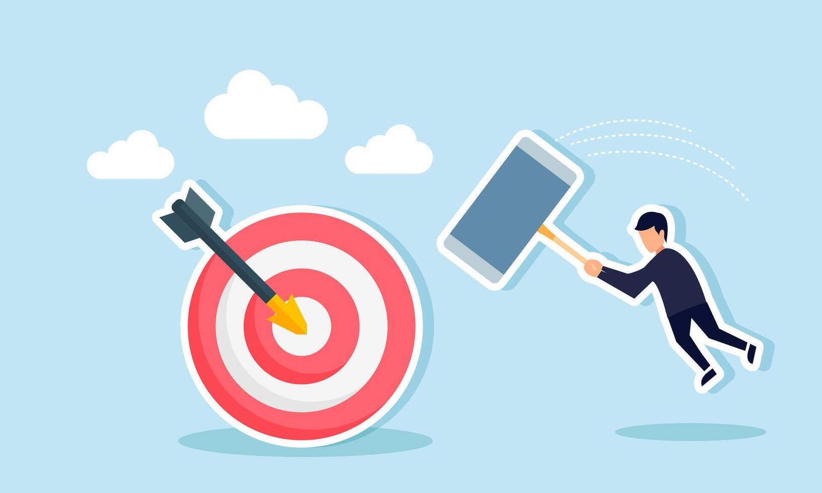 A businessman with a large hammer is trying to hit a target board, an illustration of the completion of planned business goals. vector