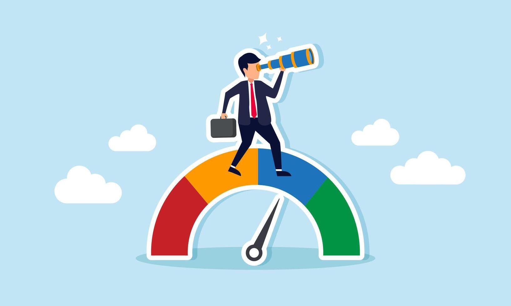 A businessman looks through a telescope from atop a barometer, illustrating the company's vision to improve business performance vector