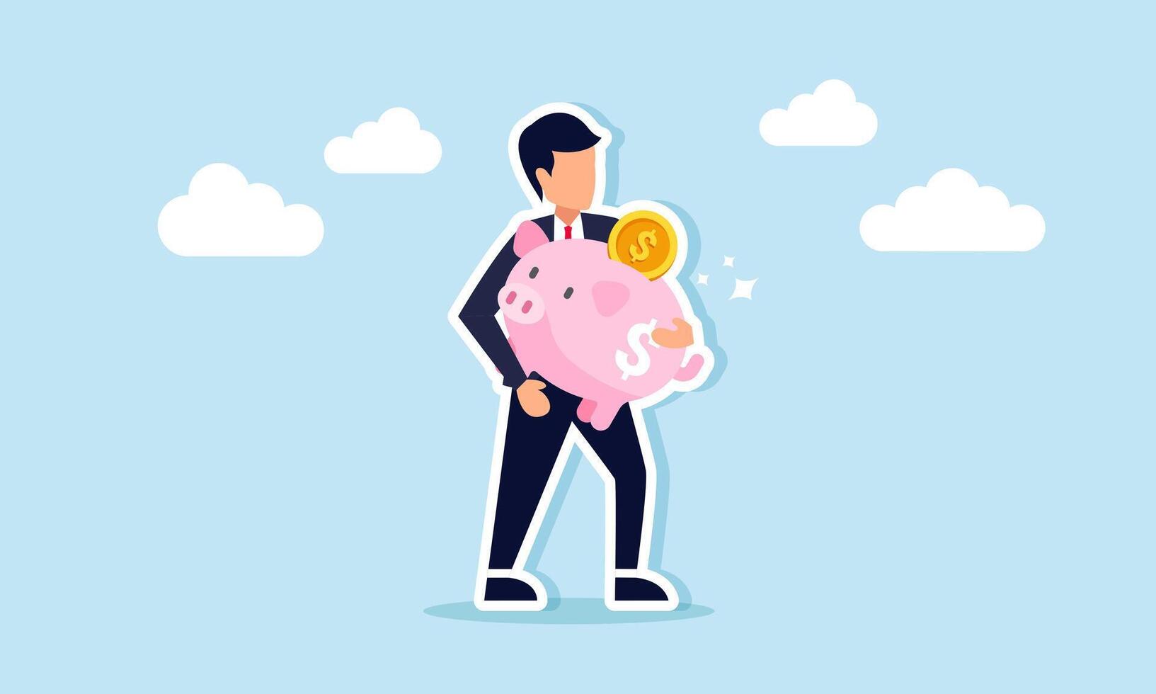 A businessman carrying a shining piggy bank, an illustration of the strong performance and increasing value of investment assets and capital gains. vector