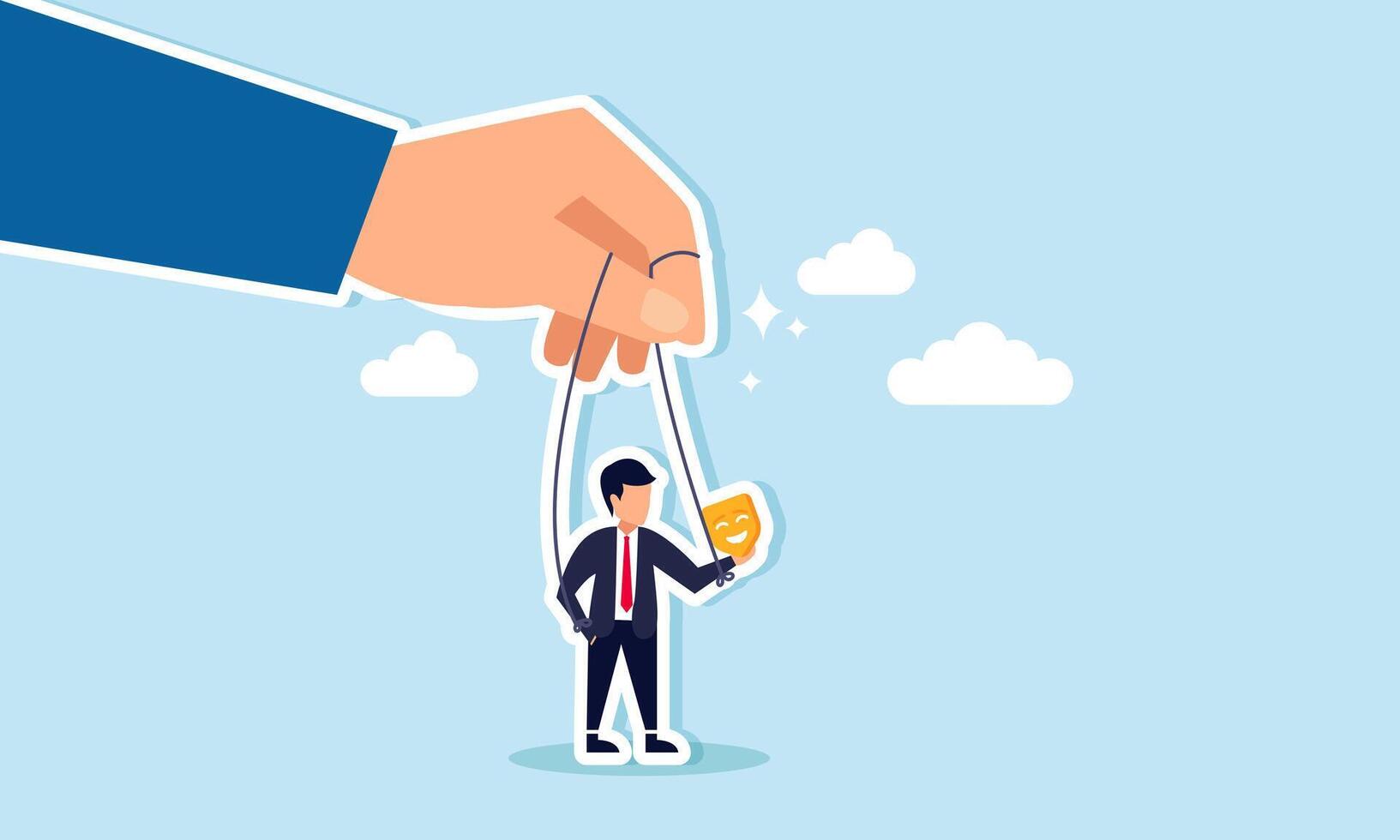 A businessman holding a mask is controlled by a string connected to his hand, illustrating the game of business in playing the role of an entrepreneur vector
