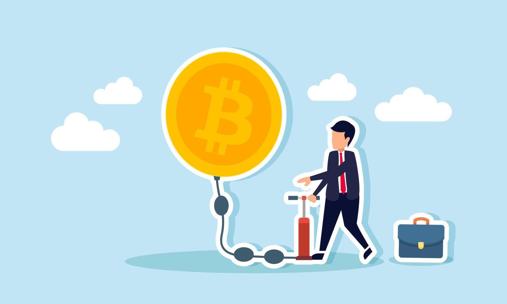 A businessman pumps up a Bitcoin balloon, illustrating a company's effort to boost Bitcoin's valuation vector