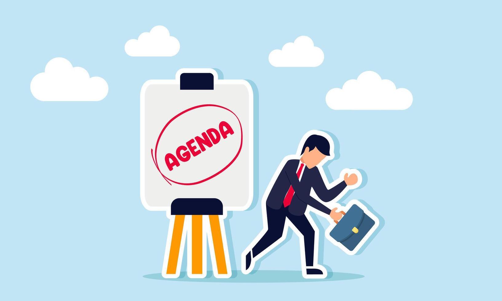 A businessman with a downcast expression stands next to a sign that reads AGENDA an illustration of how a packed business schedule leads to exhaustion. vector