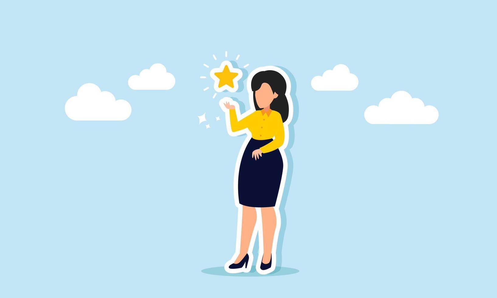 A businesswoman displays a shining star, illustration of a high business rating or a company with quality products or management vector