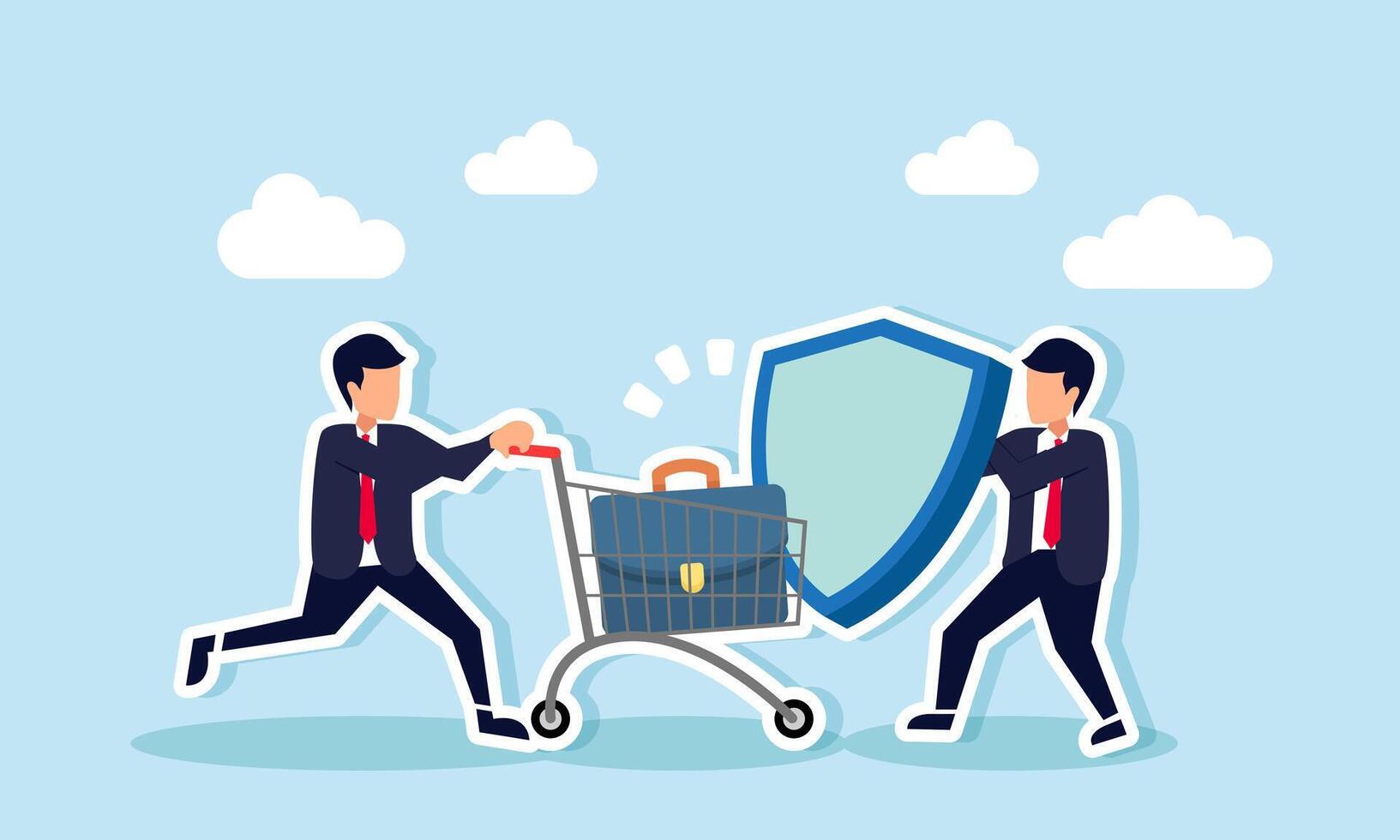 A businessman with a cart filled with briefcases is blocked by another holding a shield, illustration of the rejection of workload exceeding standard operating procedures or SOP vector