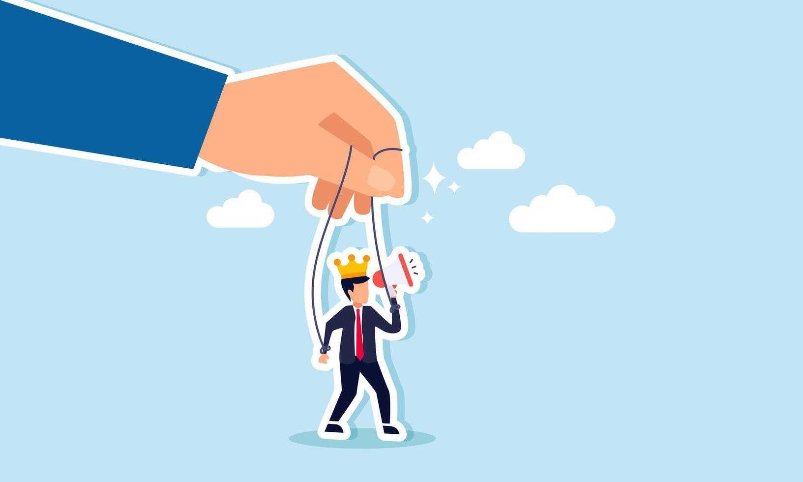 A businessman wearing a crown holds a megaphone controlled by a string connected to his hand, illustrating the game of business in promotional strategy vector
