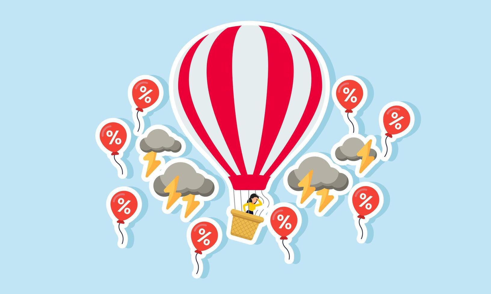A businessman in a air balloon with a broken rope, caught in a storm of discount balloons, illustration of the unhealthy price competition from discount wars among business competitors. vector