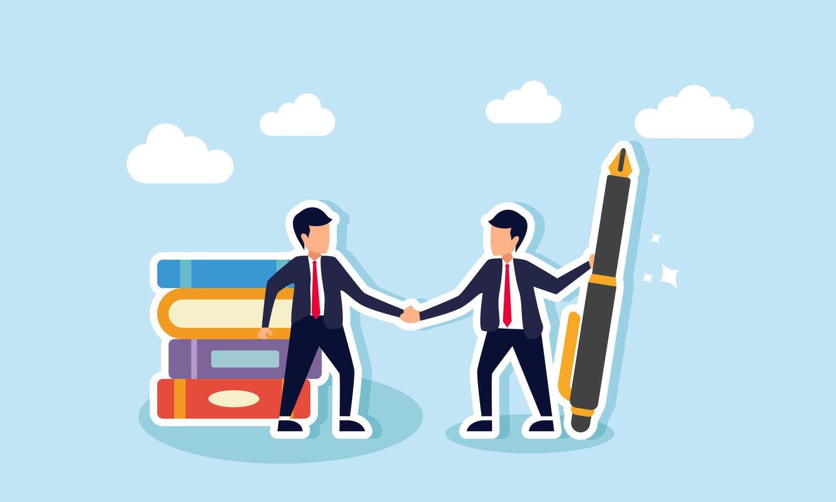 A businessman hold a pen shakes hands with another beside a stack of books, illustration of an agreement between the project holder and the business owner on the completed report. vector