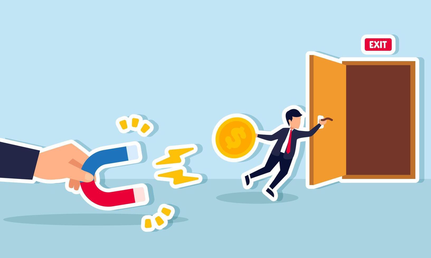 A businessman holds onto a door while trying to protect his dollar coins from the pull of a magnet, an illustration of the effort to safeguard dollar investment assets. vector