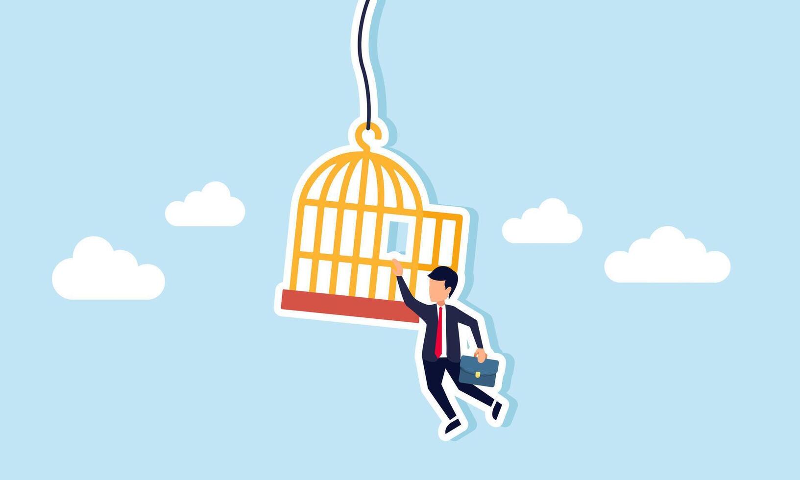 A businessman hanging on to a cage before falling, illustrating the struggle to save himself from losses and a failing business vector