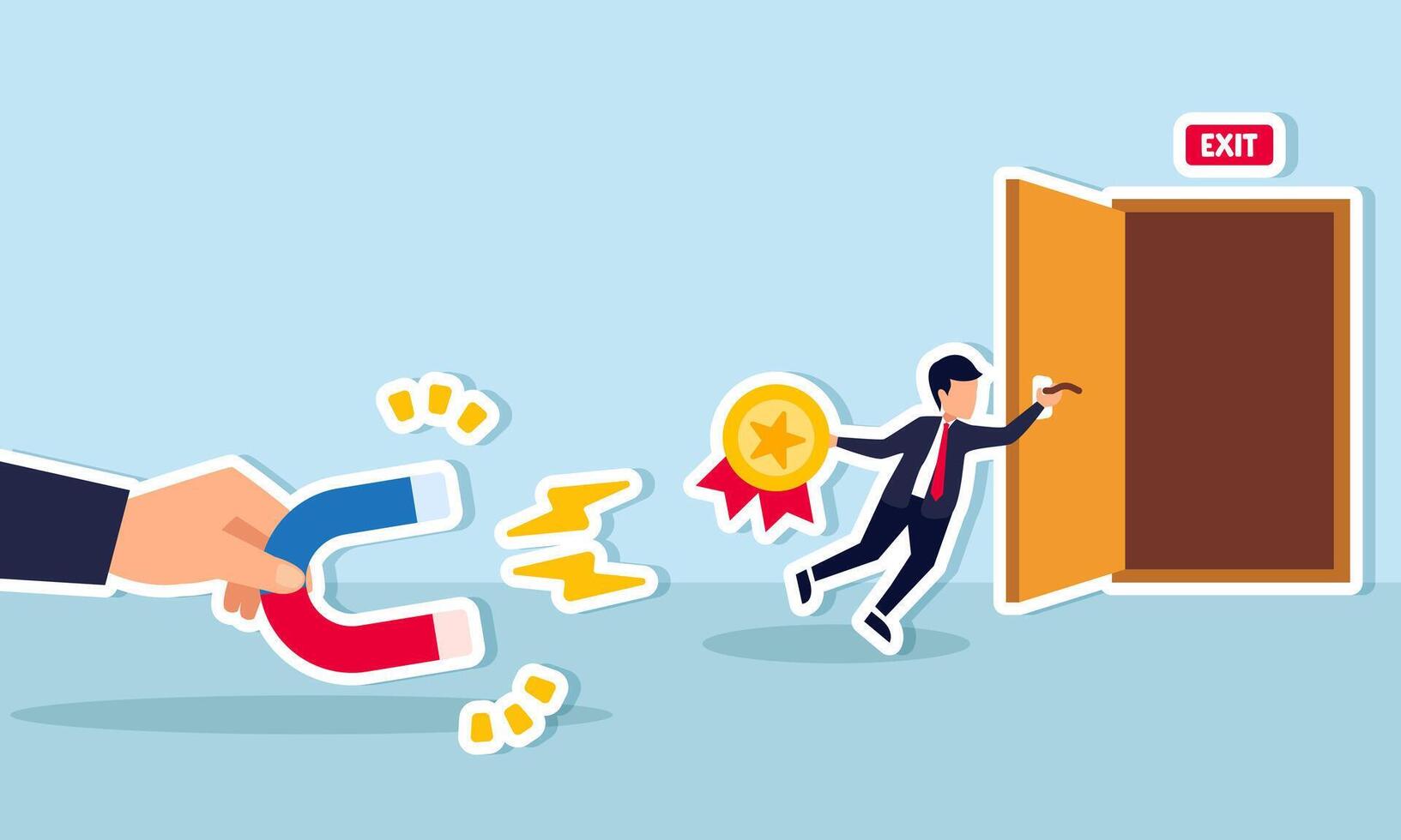 A businessman holds onto a door while trying to protect his award medal from a magnet's pull, an illustration of the effort to maintain business performance and success. vector