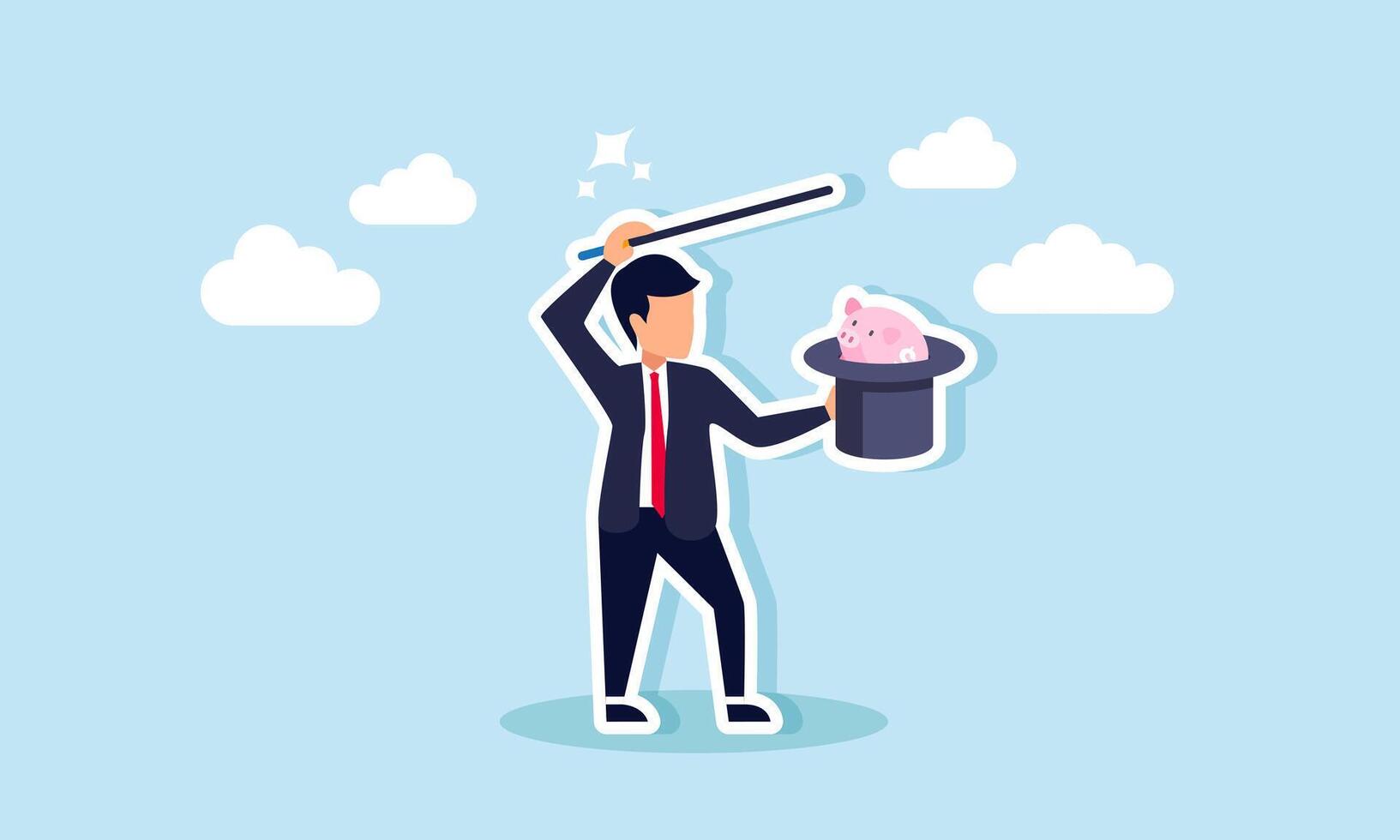 A magician businessman performs a hat trick revealing a piggy bank, illustration of shortcuts or improper methods to increase investment assets. vector
