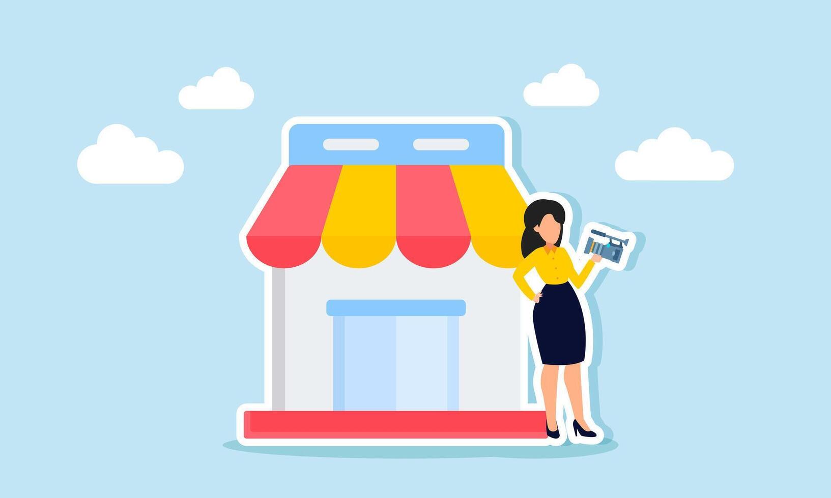 A businessman vlogs or records himself next to a store, illustration of the promotion of the marketplace business he has built. vector