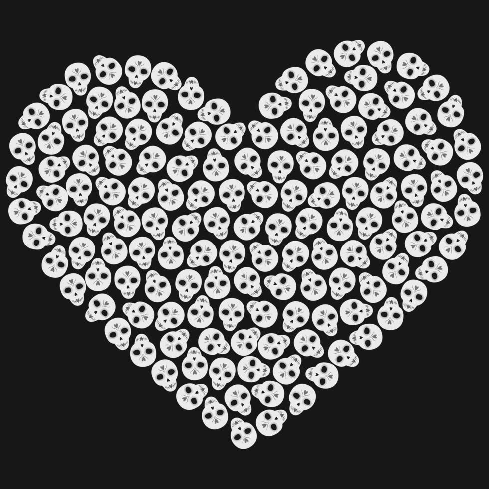 Painted skulls Heart shaped. Day of the dead grayscale background texture. Wallpaper greeting idea. illustration Thematic cards, wrapping, poster, banner, leaflet, price, label or web promos vector