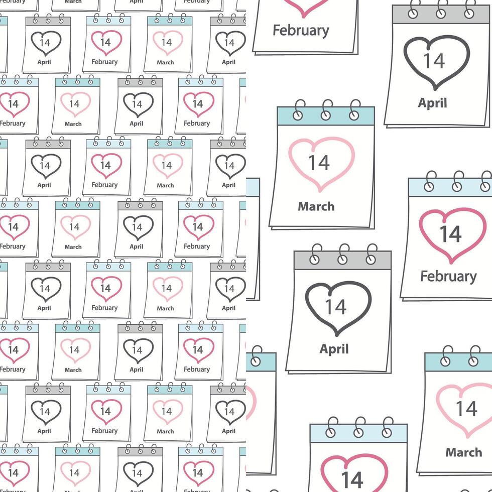 Calendar pages with date February, March, April 14 and heart shape stroke Seamless pattern Set of 2. Isolated illustration Greeting background or wallpaper, wrapping or web, card, poster, label vector