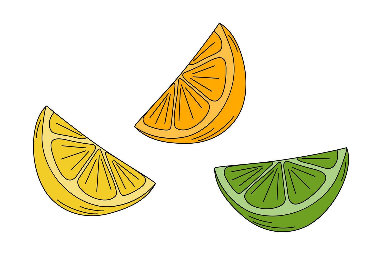 3 citrus slices Lemon, orange and lime in trendy bright colors Pop Art. Lemon and orange Day element. Isolated illustration Cards, poster, leaflets, banner, brochures, price, label or web promo vector