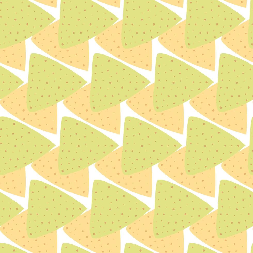 Spinach and corn Nachos in trendy soft green and yellow Seamless pattern. Nacho Day background idea. Isolated illustration Wrapping, wallpaper or web, poster, banner, greeting cards, tag, label vector