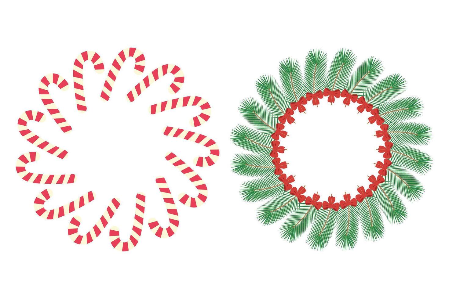 Candy cane and pine twigs with bow ribbon. Circle Frame border Copyspace. Card or lettering template. Isolated illustration Inscriptions, greetings or invitation, poster, banner or web, promo vector