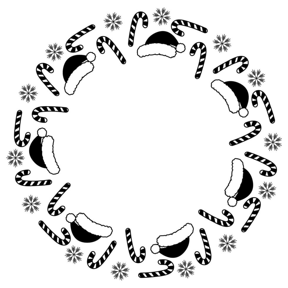 Candy cane, Santa caps and snowflakes Black and white Round Frame border in doodle style, Copy space. Isolated illustration Cards, poster, leaflets, banner, brochures, greetings, label or web vector
