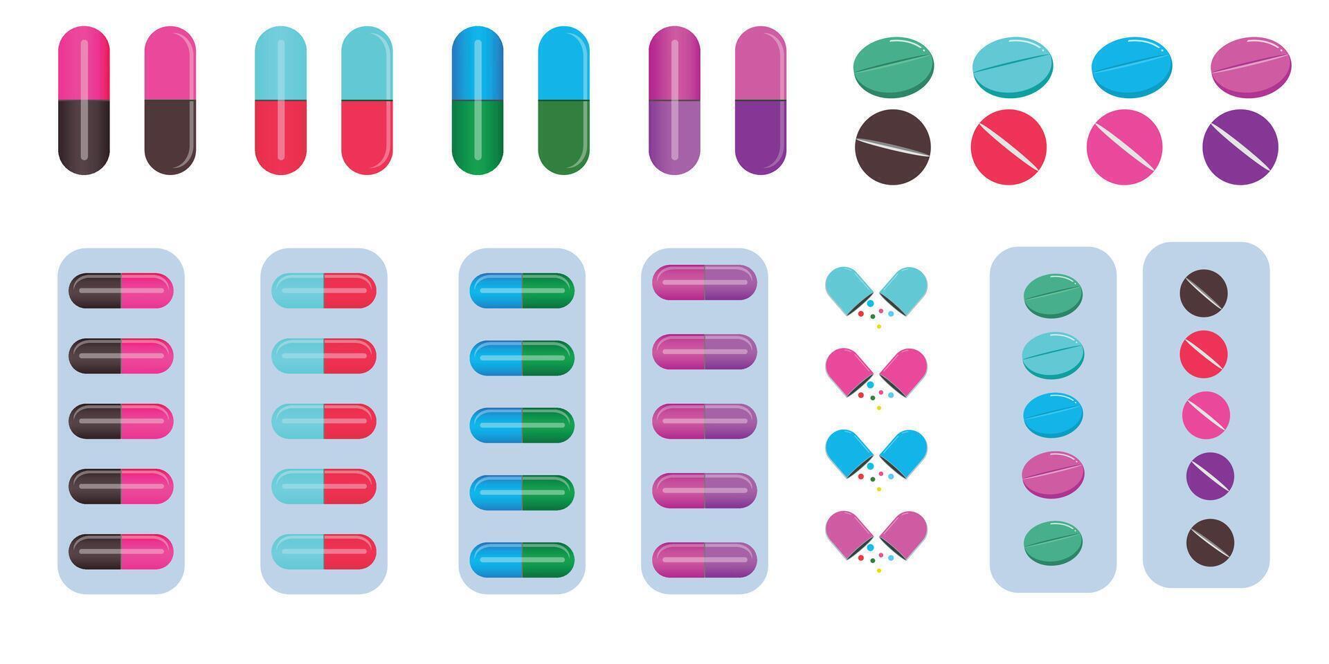 multicolor pill capsule, medications in different sizes and shapes,Pills, tablets and medicine drugs, Oval and round capsules set vector