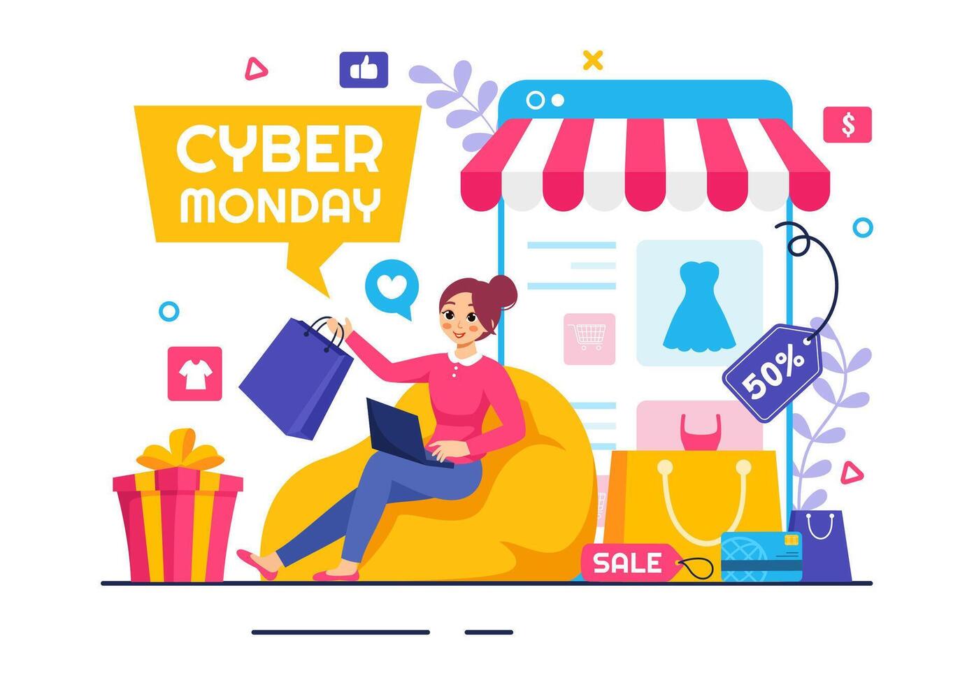 Cyber Monday Promotional Event Illustration with Special Offers and Discount Items in a Flat Style Design vector