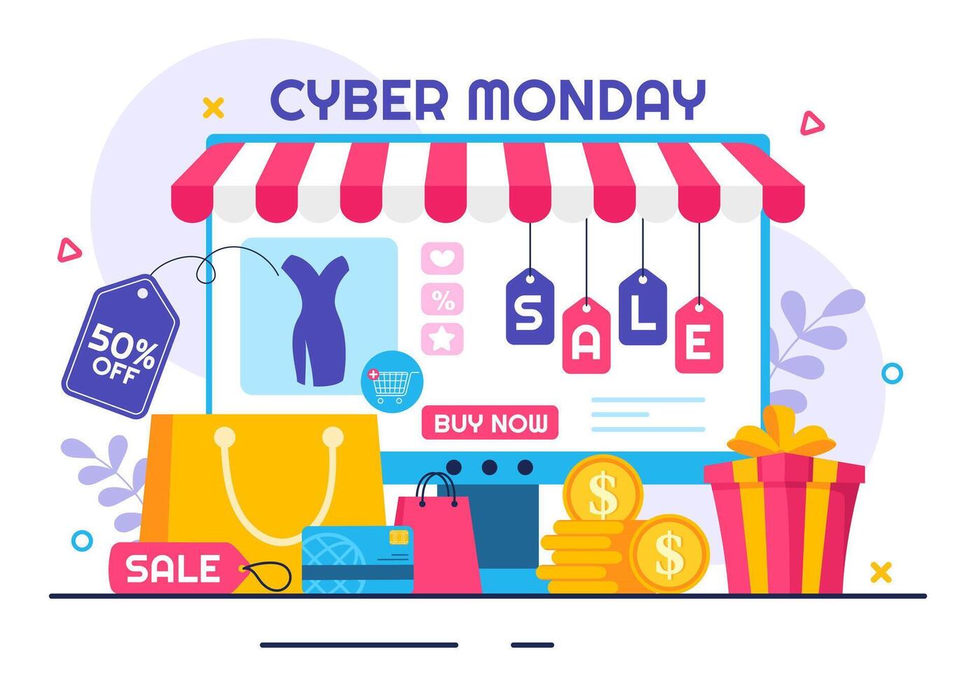 Black Friday and Cyber Monday Promotion Illustration with Super Sale and Discounted Items in a Flat Style Design vector