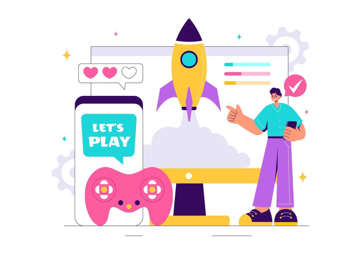 Illustration of Console Gamers Using Controllers on Android and Computer in Flat Cartoon Style vector