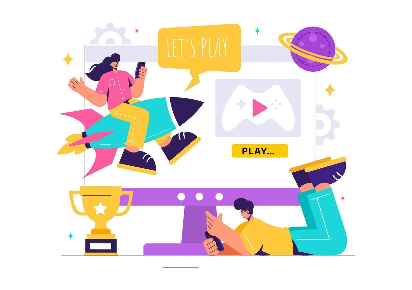 Game Art Featuring Programmers Playing on Game Consoles with Controllers in Flat Cartoon Style vector