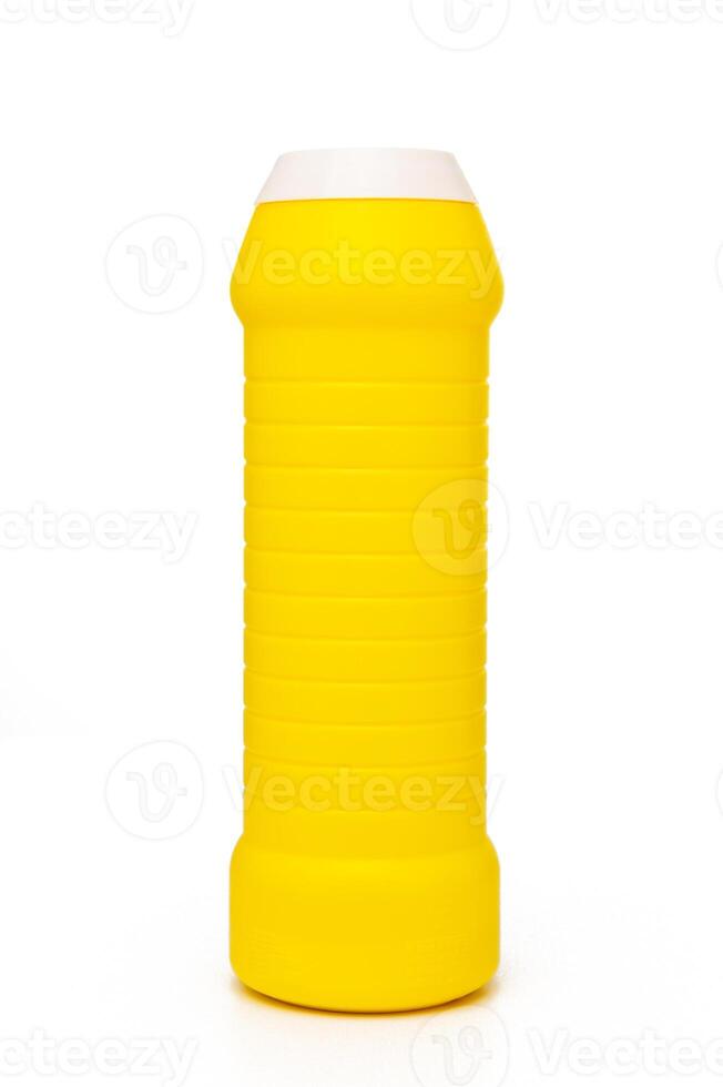 Blue plastic bottle with cap isolated on white background for liquid detergent laundry or cleaning agent photo