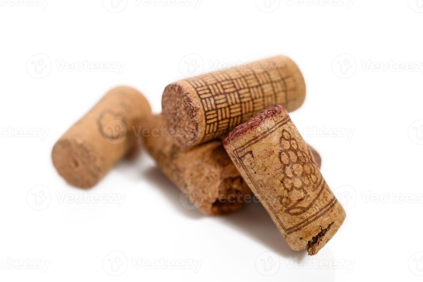 Wine corks Isolated on white background. Close up. Corks in a row photo