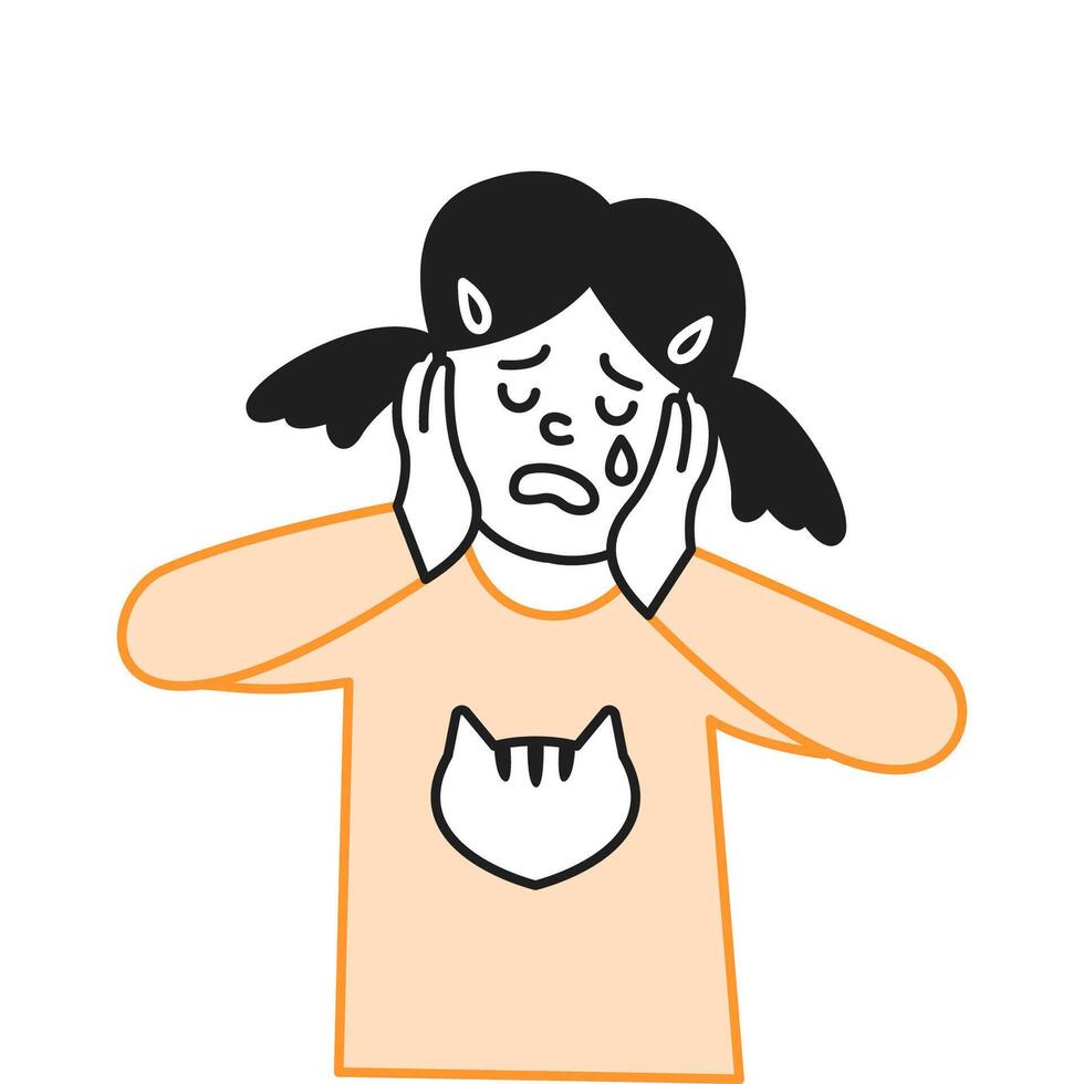 Crying preteen girl touching face with hands line icon. Upset kid copes with negative emotions character illustration on white background vector