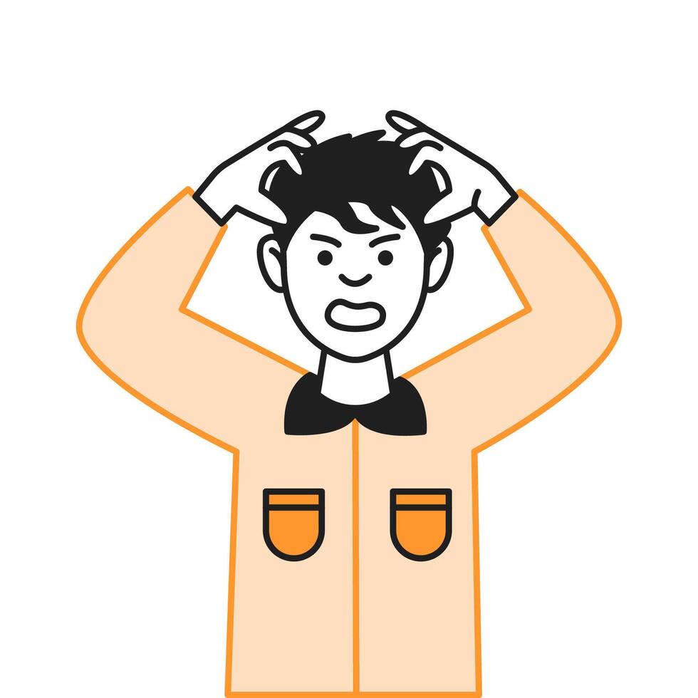 Angry male student touches dark hair color line icon. Irritated boy expresses negative emotions character doodle illustration on white vector