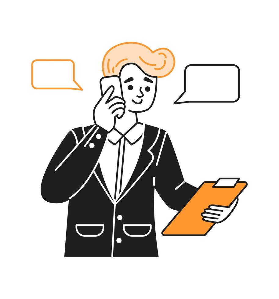 Businessman speaking on phone holding clipboard color line icon. Man entrepreneur talks with speech bubbles character illustration vector