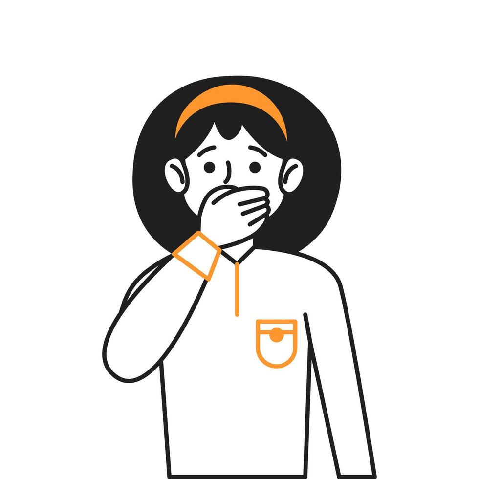 Shocked girl covers mouth with hand expressing astonishment line icon. Brunette child expresses surprise character illustration on white vector