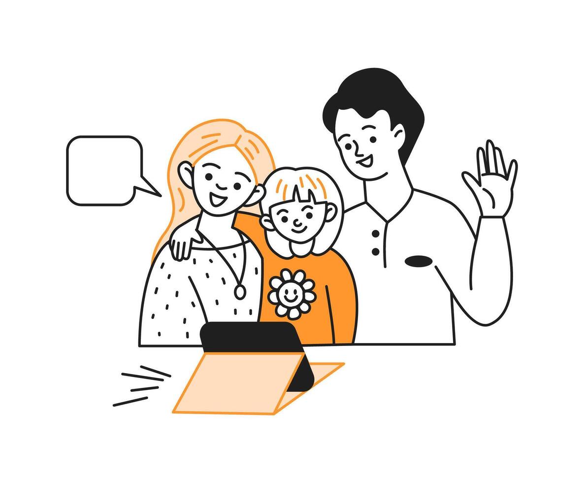 Happy family waves hand greeting friend during call via tablet. Parents with kid communication online character illustration on white vector