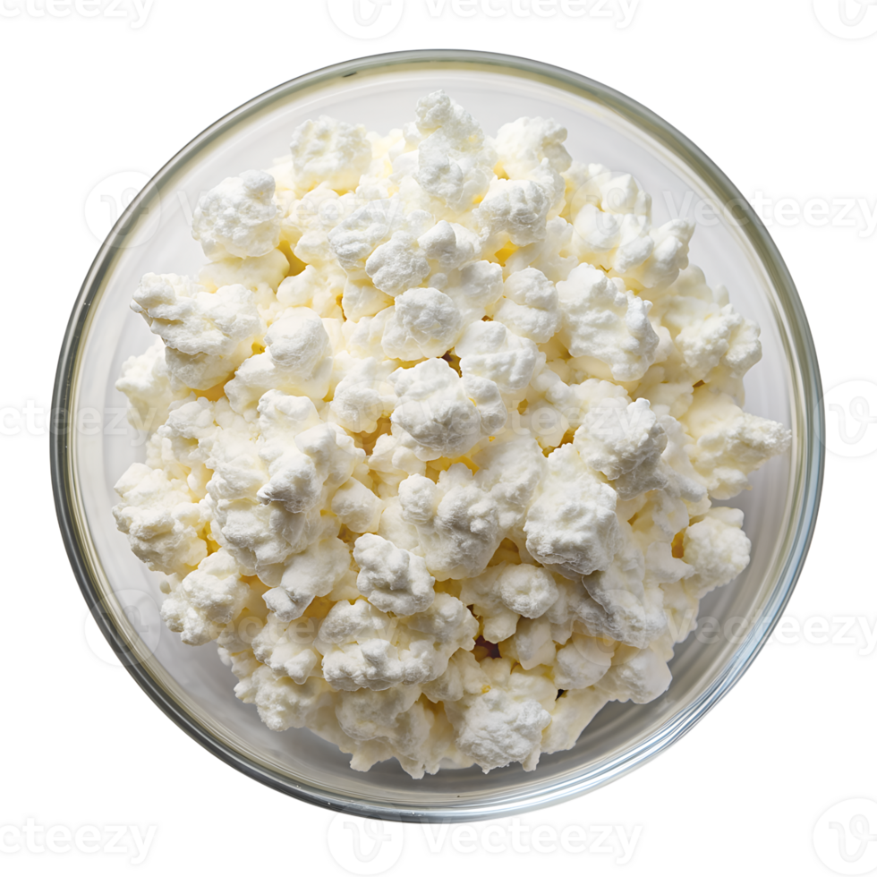 A top view clear glass Bowl of cottage cheese isolated on a transparent background png