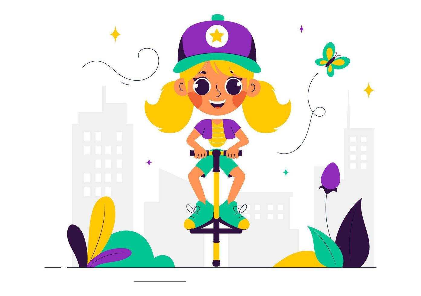 People Enjoying XPogo Stick Jump Art in Fun Outdoor Activities with Flat Cartoon Background vector