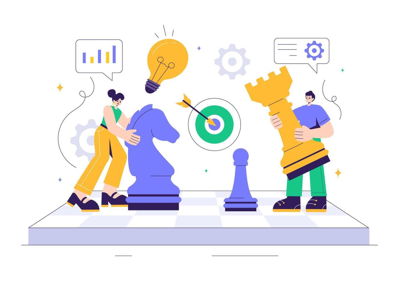 Chessboard Design with Black and White Pieces for Market Strategy and Competitor Analysis in Flat Style vector
