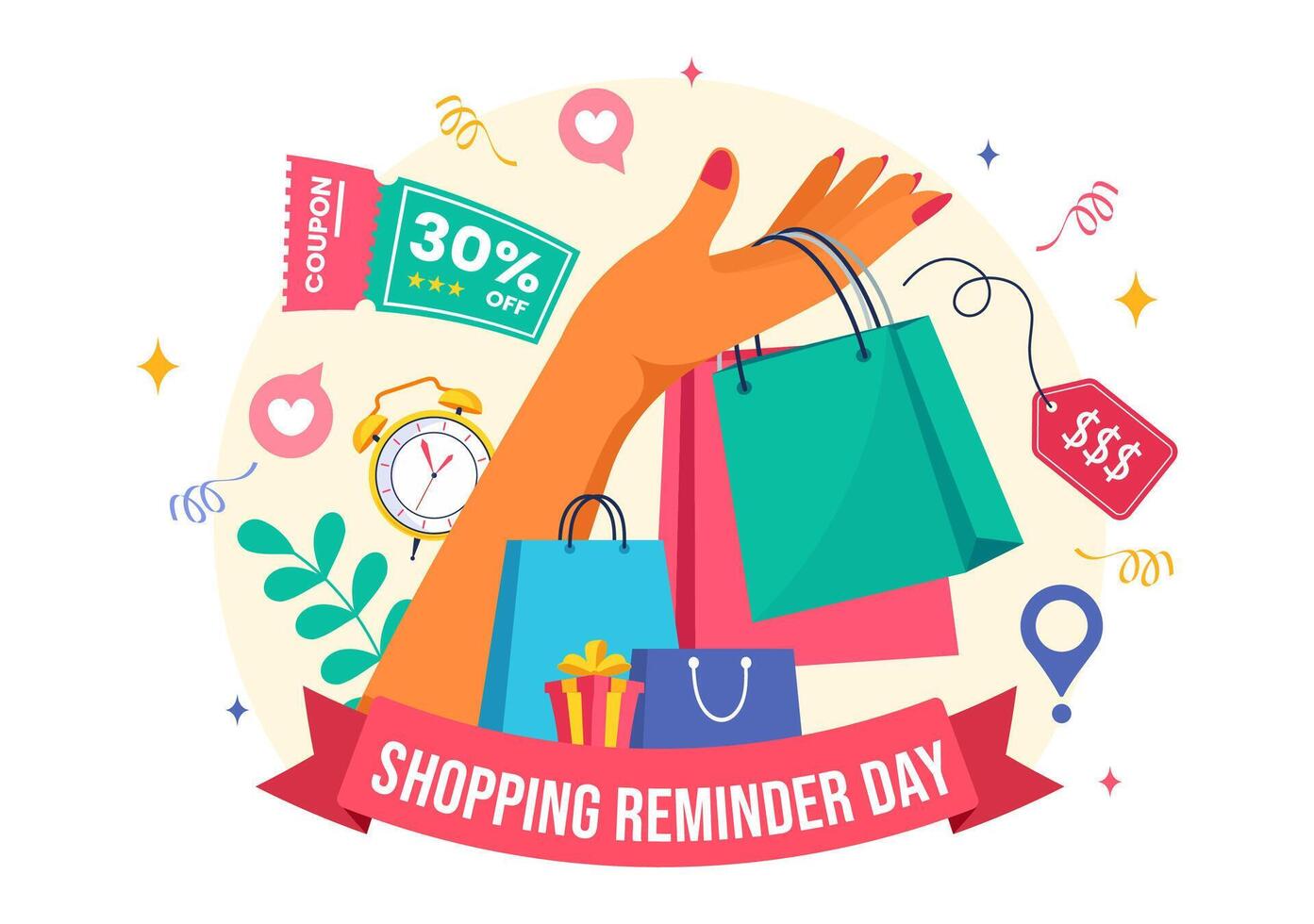 Flat Style Shopping Reminder Day for 26 November with Paper Bag and Goods vector