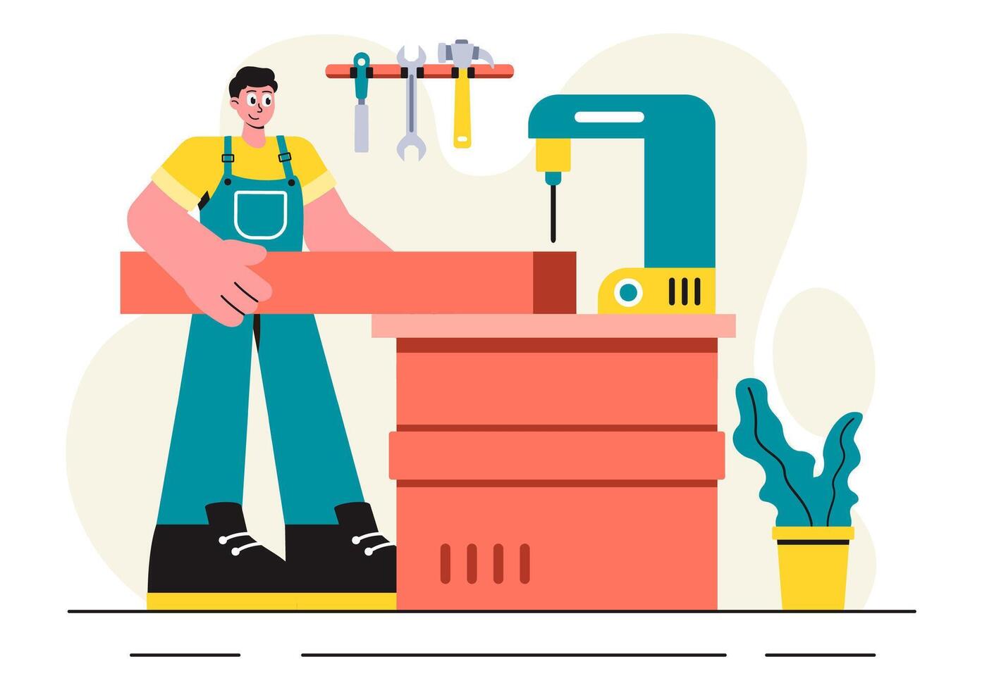 Modern Woodworkers Illustration Showing Furniture Production with Craftsmen Using Tools in a Flat Style vector