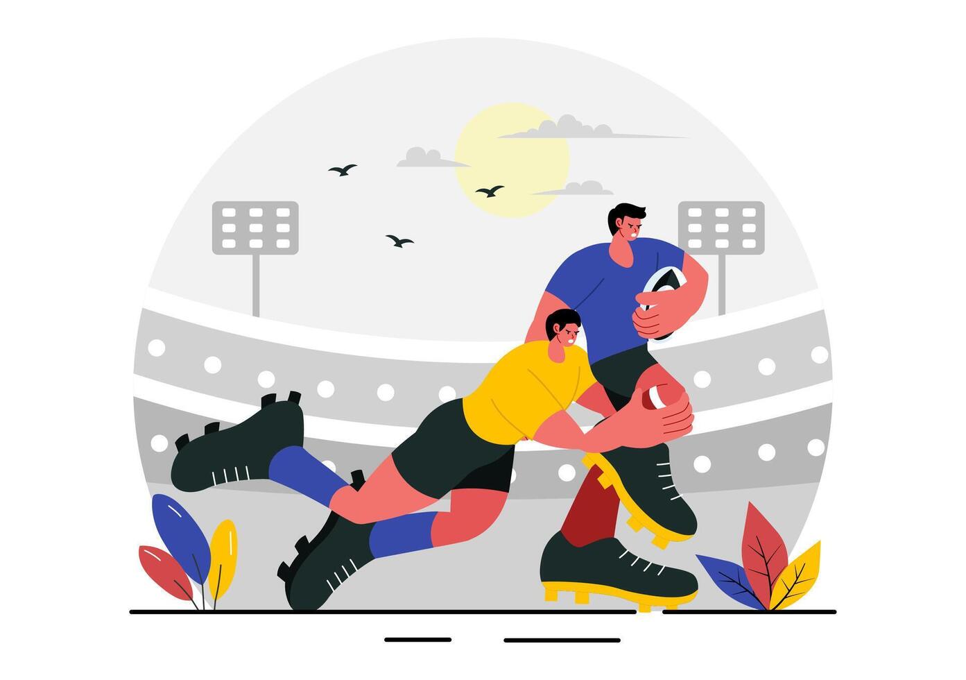 Rugby Game Illustration with a Player Holding the Ball in a Championship Stadium in Flat Cartoon Background vector