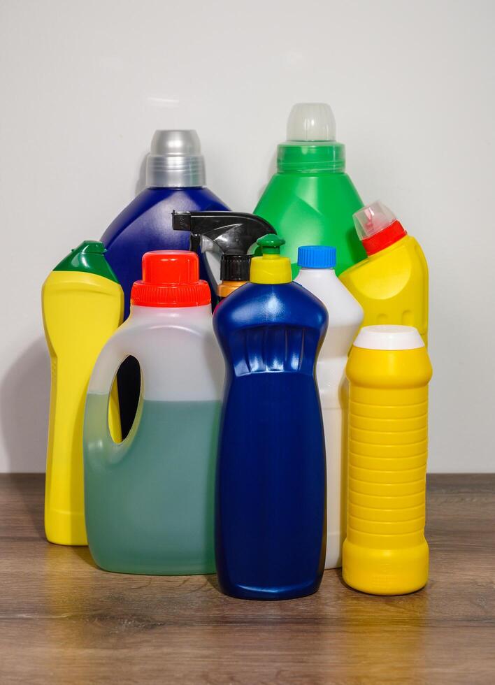 Cleaning supplies. Household chemical detergent bottles. photo