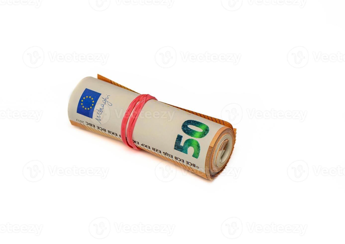 Roll of Euro bank notes, isolated on white, with a reflection underneath photo